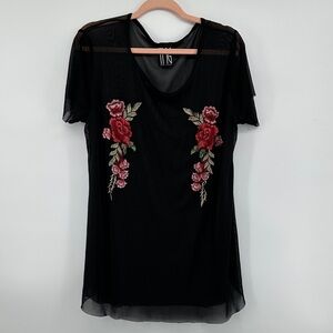 TMG New York Chic Black Mess Top with Red Floral Embroidery Size 1X